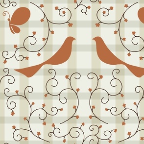 Pastel Buffalo Plaid with Red Birds, Butterflies and Ditsy Flowers