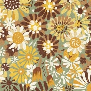 Retro Yellow and Brown Sunflowers, Daisies, and Cosmos