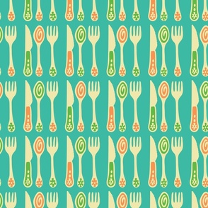 Cutlery Knife Fork Spoon Kitchen Food Utensils in Vintage Retro Turquoise Orange Green Cream - MEDIUM Scale - UnBlink Studio by Jackie Tahara