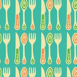 Cutlery Knife Fork Spoon Kitchen Food Utensils in Vintage Retro Turquoise Orange Green Cream - LARGE Scale - UnBlink Studio by Jackie Tahara