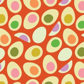 Eggs-Cellent! Fun Food Hard-Boiled Eggs Easter Picnic Food Kitchen Cooking in Bright Retro Colours on Tomato Red - MEDIUM Scale - UnBlink Studio by Jackie Tahara