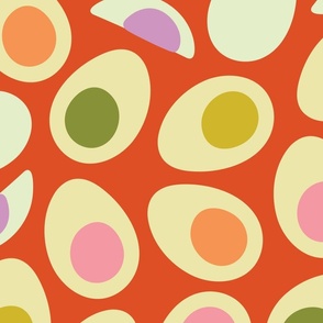 Eggs-Cellent! Fun Food Hard-Boiled Eggs Easter Picnic Food Kitchen Cooking in Bright Retro Colours on Tomato Red - LARGE Scale - UnBlink Studio by Jackie Tahara