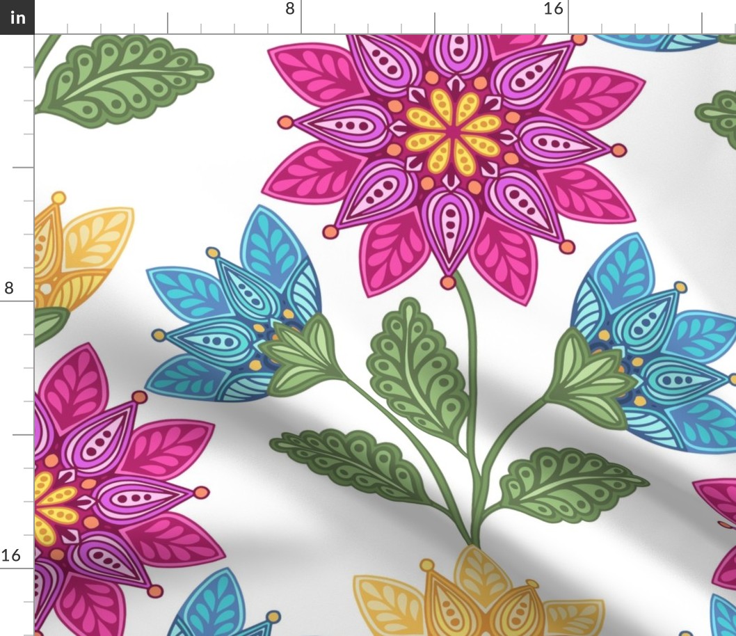 PINK BLUE YELLOW FOLK ART FLOWERS  24