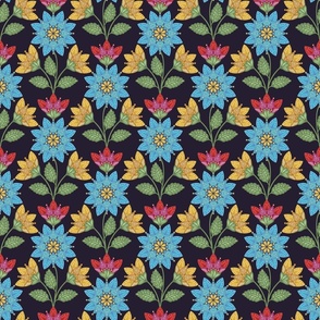 BLUE YELLOW RED  FOLK ART FLOWERS DARK 6