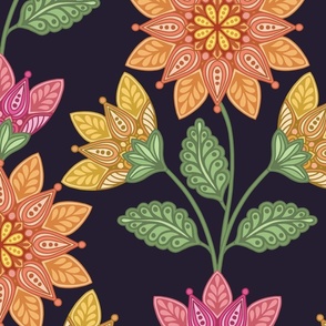 ORANGE YELLOW PINK FOLK ART FLOWERS DARK 24