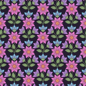 PINK PURPLE BLUE FOLK ART FLOWERS DARK 6