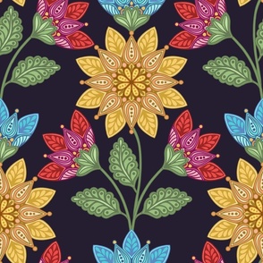 YELLOW RED BLUE FOLK ART FLOWERS DARK 18