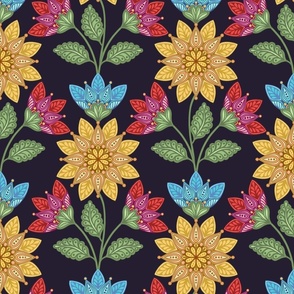 YELLOW RED BLUE FOLK ART FLOWERS DARK 12