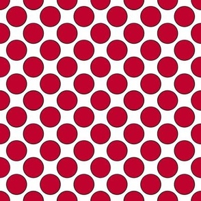 Red polka dots on white, with black outline
