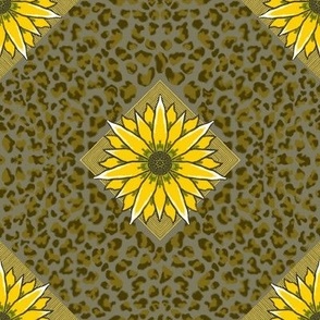 Medium - Sunflower Motif on  Exotic Leopard Print  - all hand drawn digitally