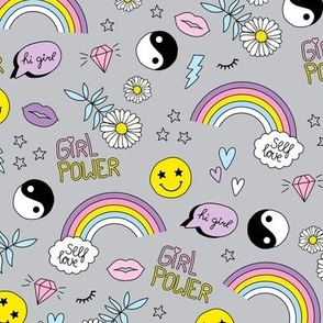 Nineties icons and picto design daisies rainbows smiley hearts jin yang cartoon retro design pink lilac blue on cool gray  