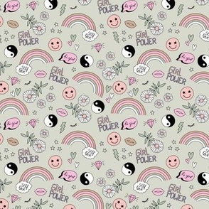 Nineties icons and picto design daisies rainbows smiley hearts jin yang cartoon retro design blush pink beige on sage green  SMALL