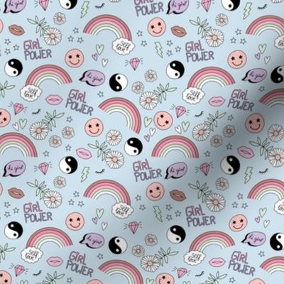 Nineties icons and picto design daisies rainbows smiley hearts jin yang cartoon retro design pink mint blush on baby blue  SMALL