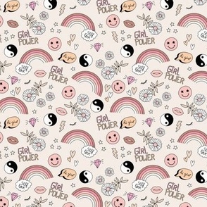 Nineties icons and picto design daisies rainbows smiley hearts jin yang cartoon retro design pink moody blush cream beige seventies palette  SMALL
