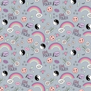 Nineties icons and picto design daisies rainbows smiley hearts jin yang cartoon retro design pink lilac mint on cool gray  SMALL