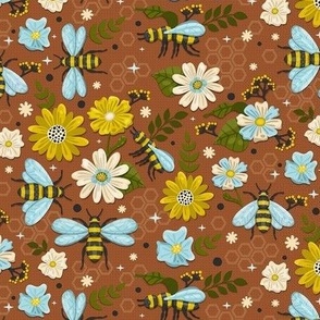 Blooming Flowers and Bees on Brown / Tiny Scale