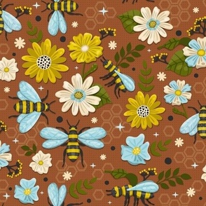 Blooming Flowers and Bees on Brown / Small Scale