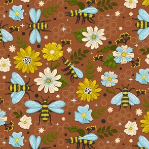 Blooming Flowers and Bees on Brown / Medium Scale