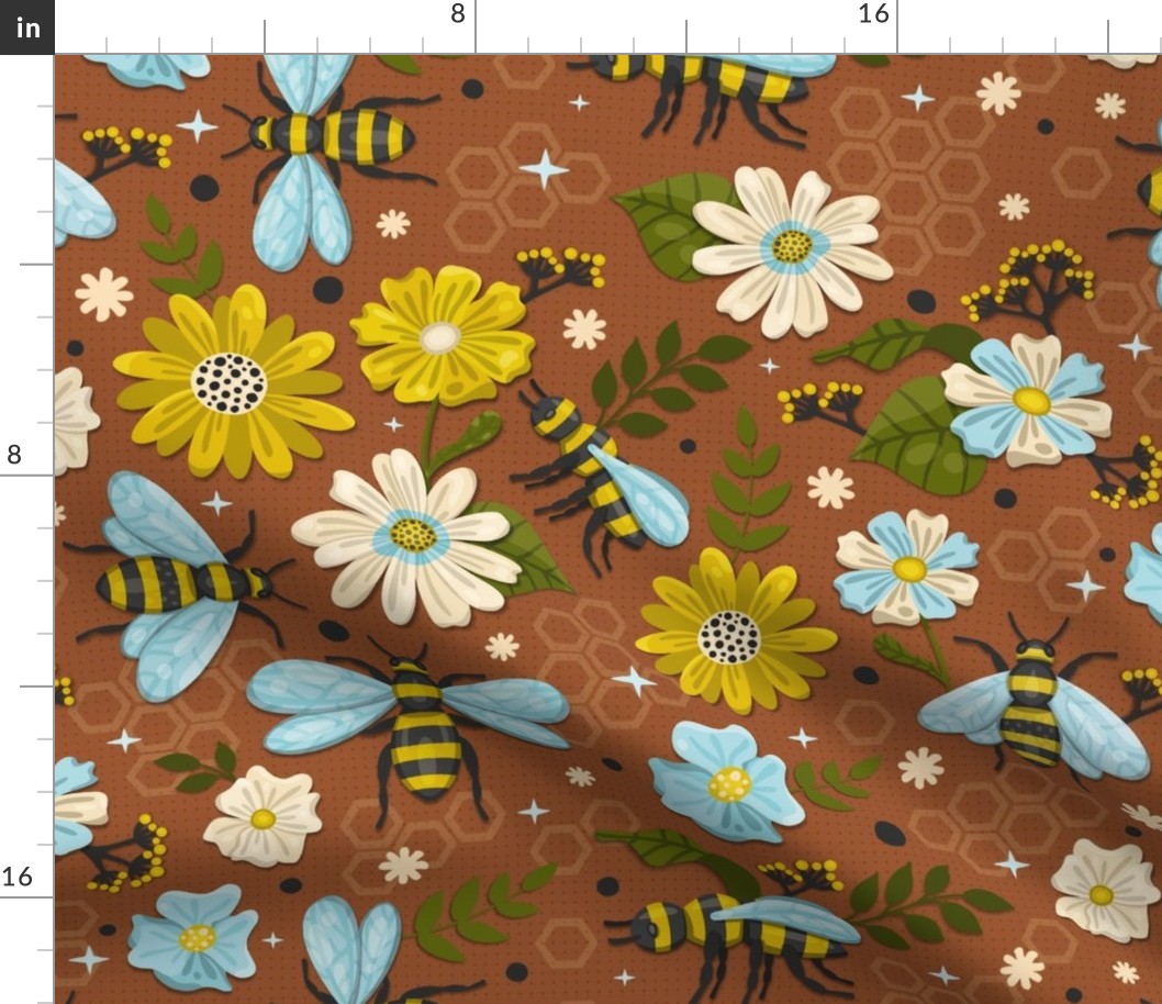Blooming Flowers and Bees on Brown / Large Scale