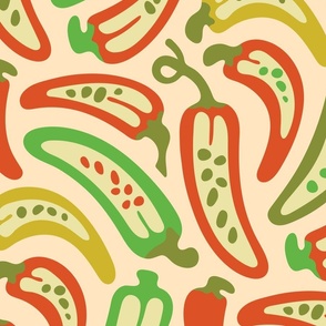 Hot Tamales Spicy Hot Chili Peppers Veggies Food Cooking Kitchen  in Vintage Retro Orange Green Olive Mustard Yellow on Blush - LARGE Scale - UnBlink Studio by Jackie Tahara