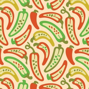 Hot Tamales Spicy Hot Chili Peppers Veggies Food Cooking Kitchen  in Vintage Retro Orange Green Olive Mustard Yellow on Blush - MEDIUM Scale - UnBlink Studio by Jackie Tahara