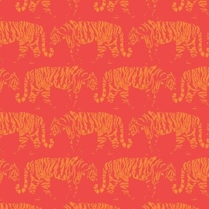 Tigers Walking - Tangerine Orange on Red