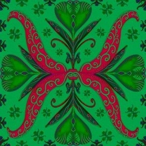 Christmas Ogees in emerald and red with hearts handdrawn, 
