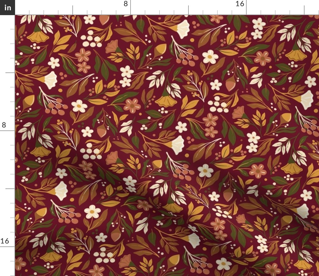 Fall Boho floral meadow in burgundy red