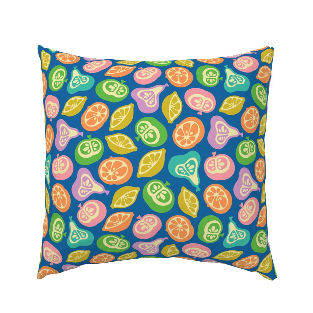 Juicy Fruits Fun Retro Tossed Plump Ripe Apple Pear Lemon Lime Orange in Bright Summer Colours on Royal Blue - MEDIUM Scale - UnBlink Studio by Jackie Tahara