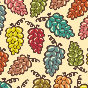 Juicy Grapes Retro Fun Tossed Plump Ripe Bunches of Grapes in Vintage Retro Red Turquoise Yellow Green Pink Brown on Cream - LARGE Scale - UnBlink Studio by Jackie Tahara