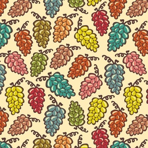 Juicy Grapes Retro Fun Tossed Plump Ripe Bunches of Grapes in Vintage Retro Red Turquoise Yellow Green Pink Brown on Cream - MEDIUM Scale - UnBlink Studio by Jackie Tahara