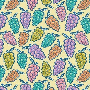 Juicy Grapes Retro Fun Tossed Plump Ripe Bunches of Grapes in Summer Pink Purple Turquoise Mustard Orange Royal Blue on Cream - MEDIUM Scale - UnBlink Studio by Jackie Tahara
