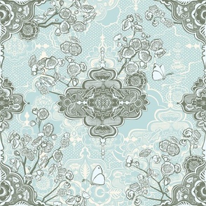 springtime blossoms symmetrical chinoiserie damask GREENS 