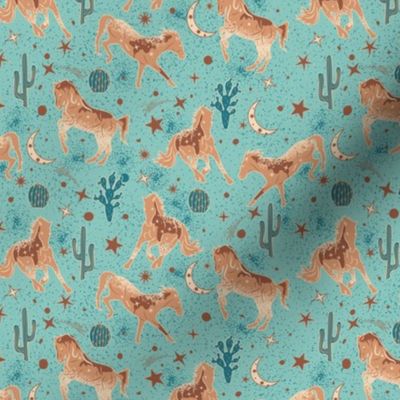 Magical West- Wild Horses in Mystical Desert- Cream Copper Terra Cotta Teal on Turquoise- Small Scale