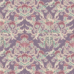 Thistle damask - 12" repeat antique muted colors wild floral with hungry caterpillars 