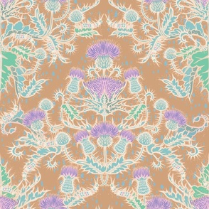 Thistle damask - summer wildflower floral SILVER and TAN 