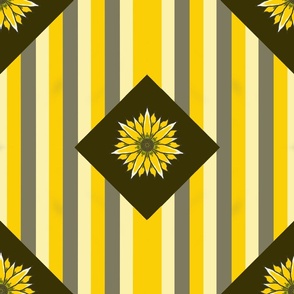 Jumbo - Hand Drawn Sunflower Motif within Yellow and Sate Striped Trellis - Cheater Quilt