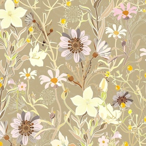 Floral Wilderness in soft coffee colours with a hint of pink. large 21 x21