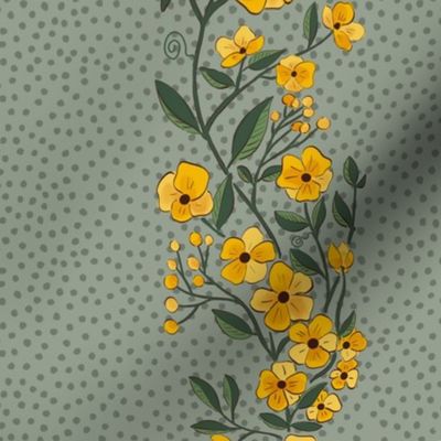 Whimsical yellow boho flowers on sage green 