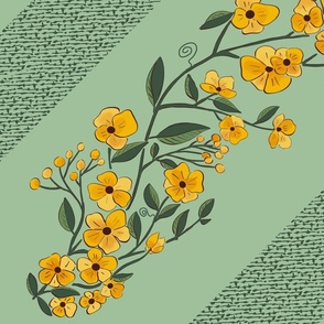 yellow boho flowers on diagonal green stripes large 1b