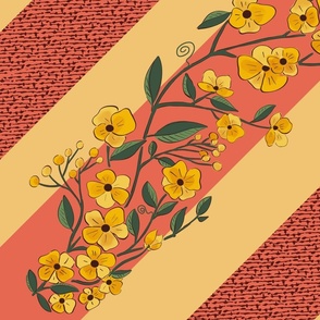 Whimsical yellow boho flowers on red and  yellow stripes