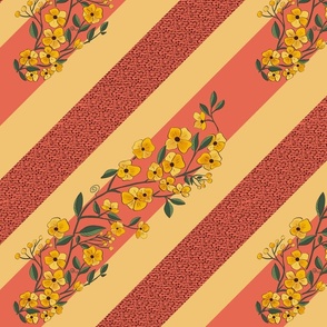 Whimsical yellow boho flowers on red and  yellow stripes