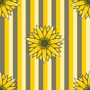 Jumbo - Hand Drawn Sunflowers on Lengthwise Stripes of Yellow and Sage Green