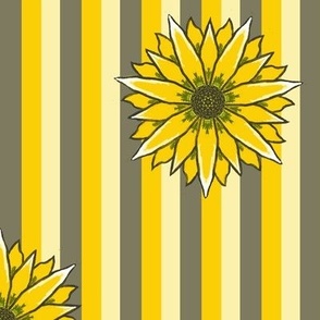 Large - Hand Drawn Sunflowers on Yellow and Sage Green Stripes