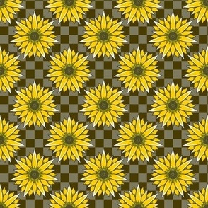 Medium - Sunflowers on Brown and Sage Green Checks, non-directional