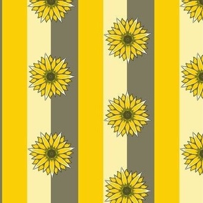 Medium - Two Inch Sunflowers on One-Inch, Yellow and Sage Green Stripes