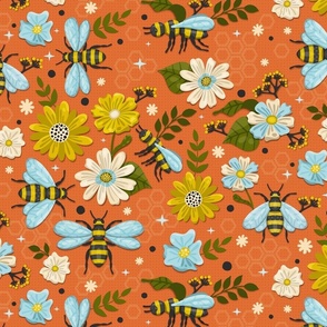 Blooming Flowers and Bees on Orange / Medium Scale