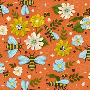 Blooming Flowers and Bees on Orange / Large Scale