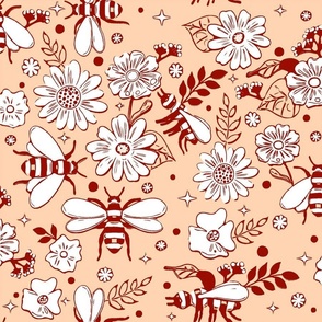 Blooming Flowers and Bees on Pink / Large Scale