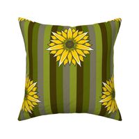 Jumbo - Hand Drawn Sunflowers on Variegated Brown and Green Stripes